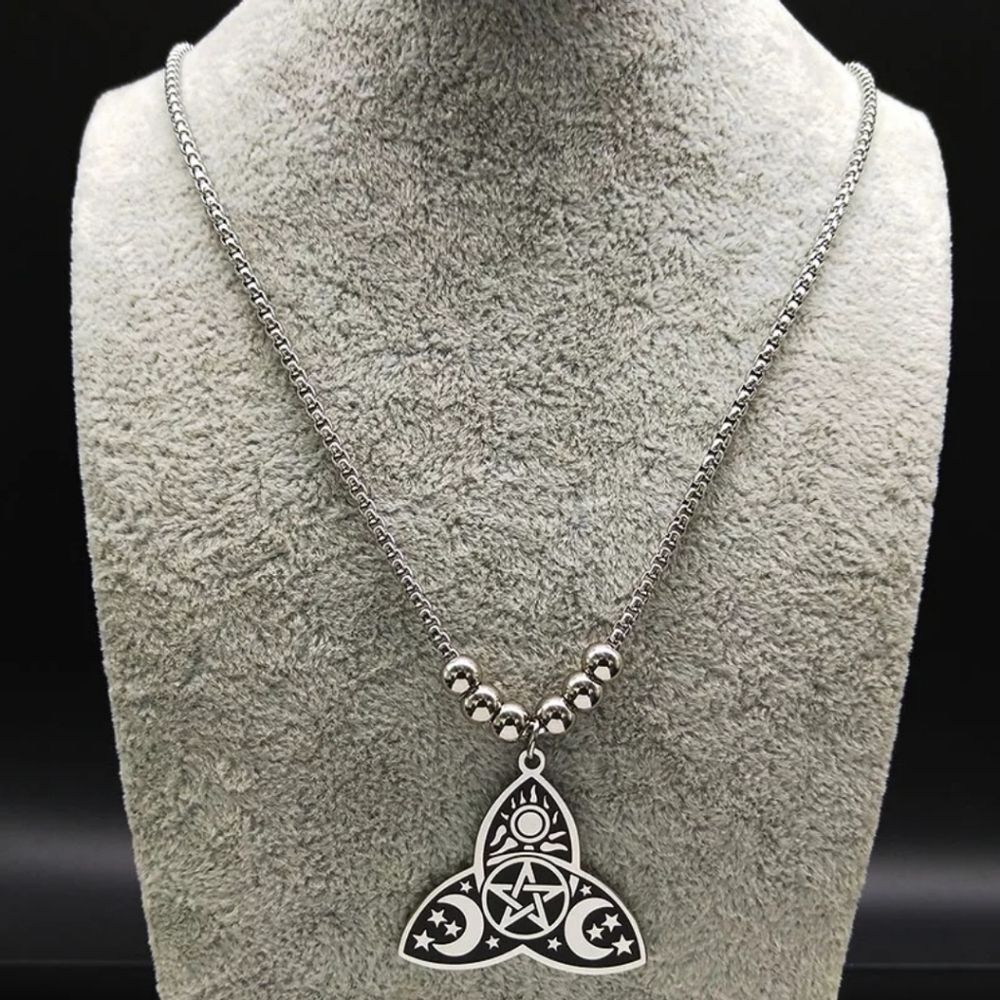 Triple Goddess Pentacle Moon Stars Sun Necklace